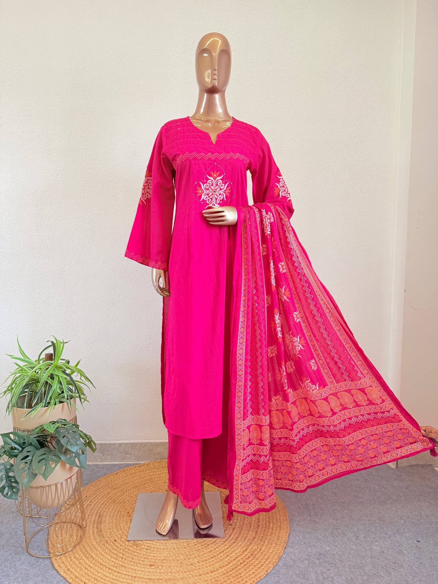 Rani Pink Cotton Flex Straight Suit Set with Pintuck & Mirror Accents