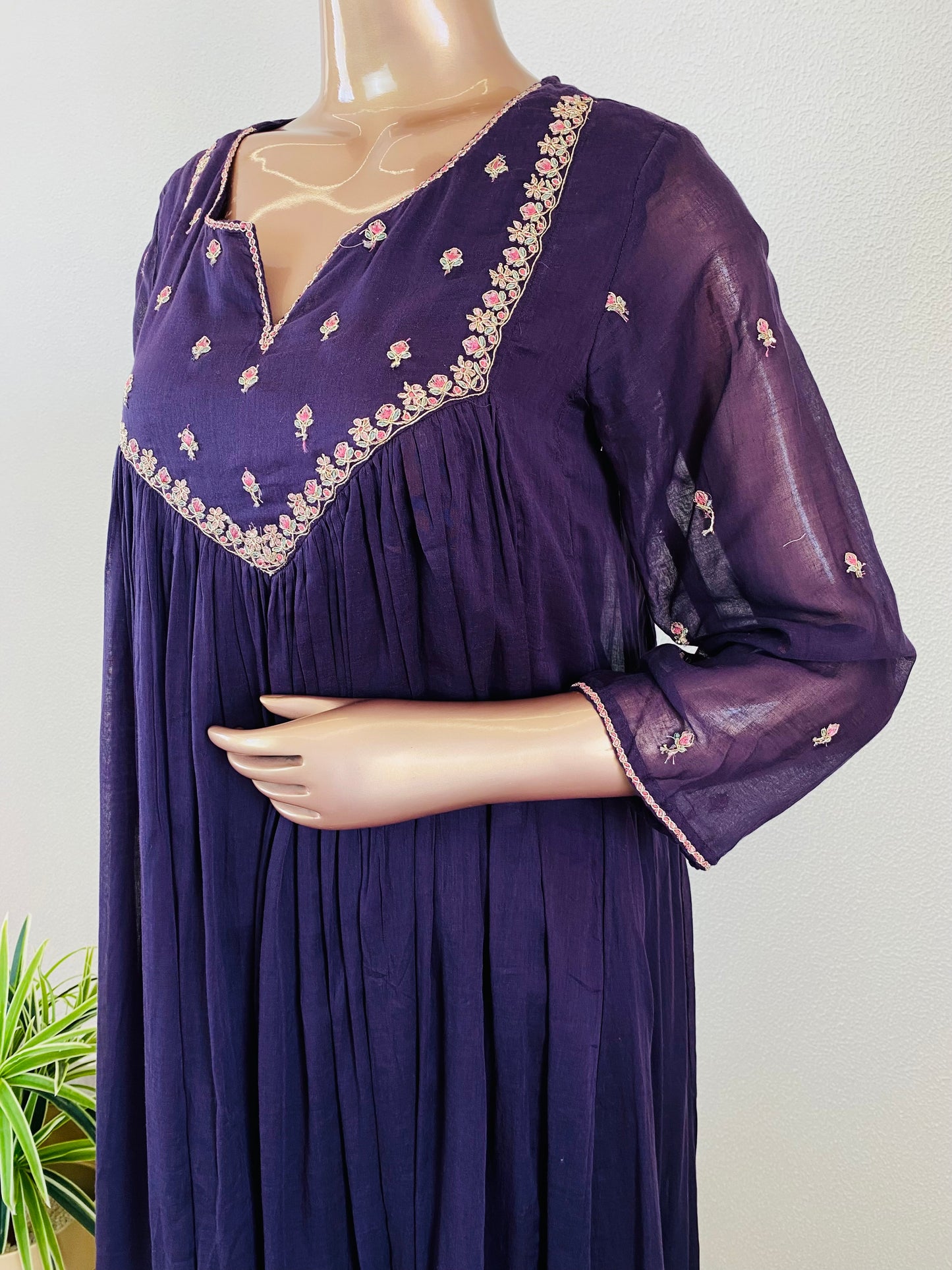 Embroidered Yoke Mul Cotton Frock Suit - Purple