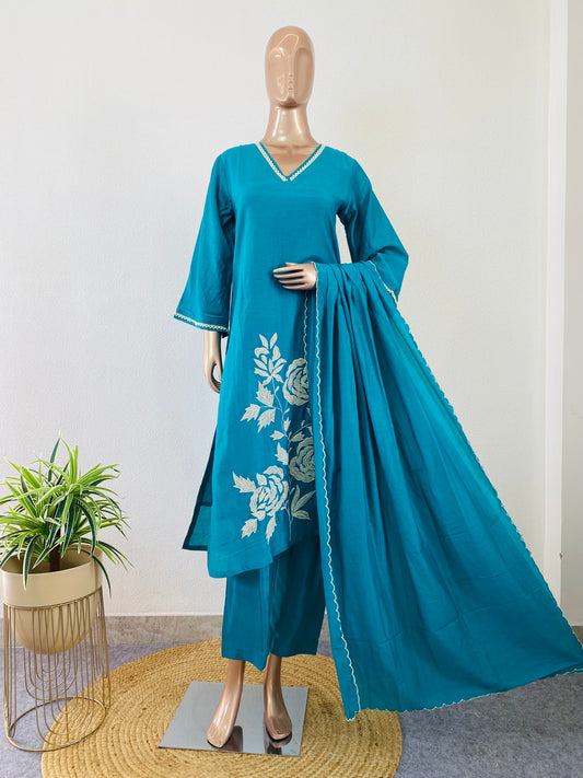 Appliqué work Mul Chanderi Suit Set