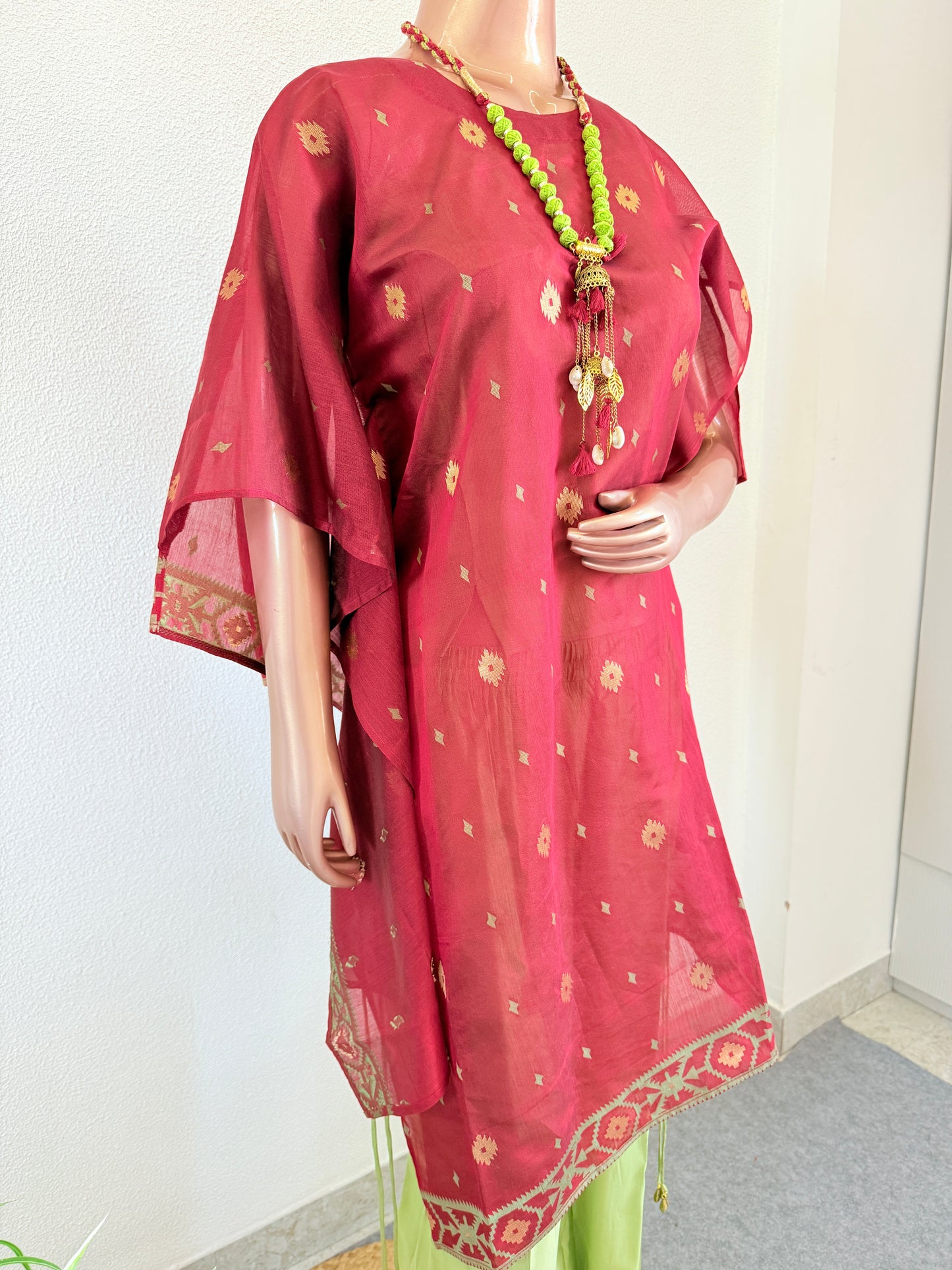 Chanderi Kaftan Indo Western with Neck Piece - Red