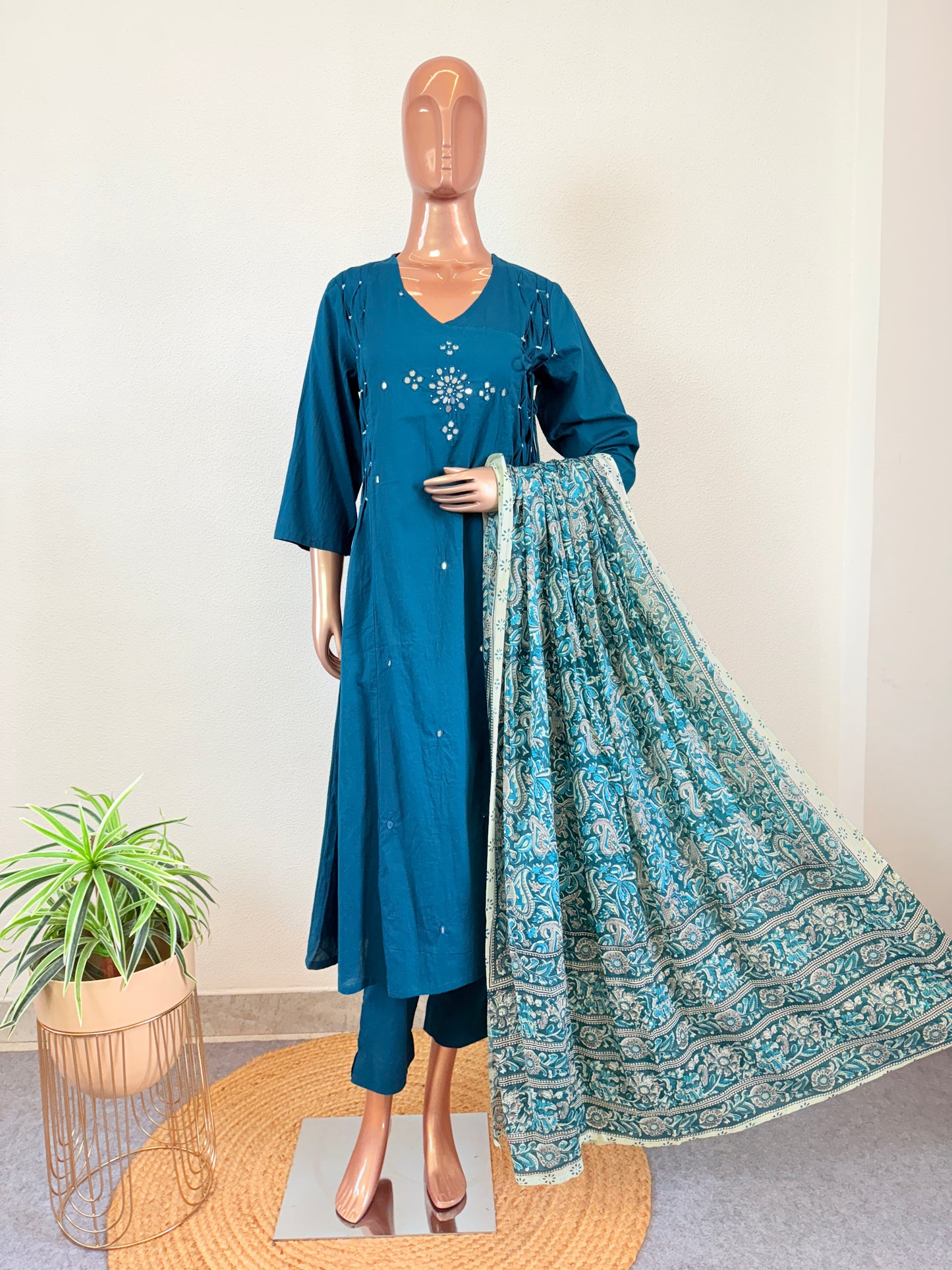 Mirror Work Angrakha Suit with Kalamkari Dupatta