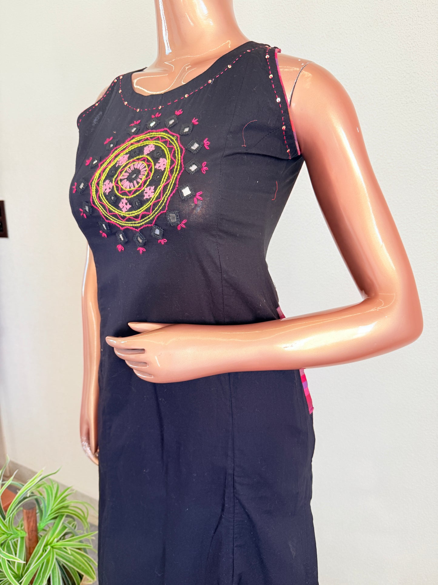 Mandala Mirror Work Black Kurta Set with Multicolor Palazzo