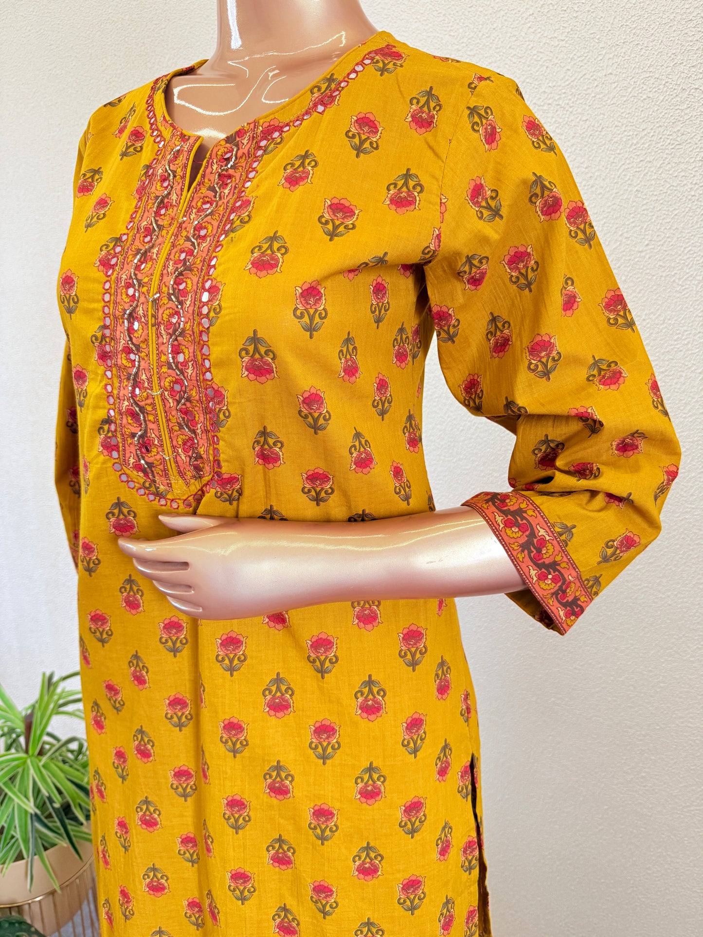 Mirror & Beadwork Embroidered Cotton Suit Set with Flared Sharara Palazzo