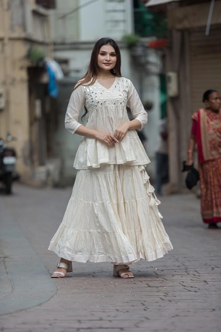 Kora Cotton Peplum Top and Flared Skirt with Real Mirror Work