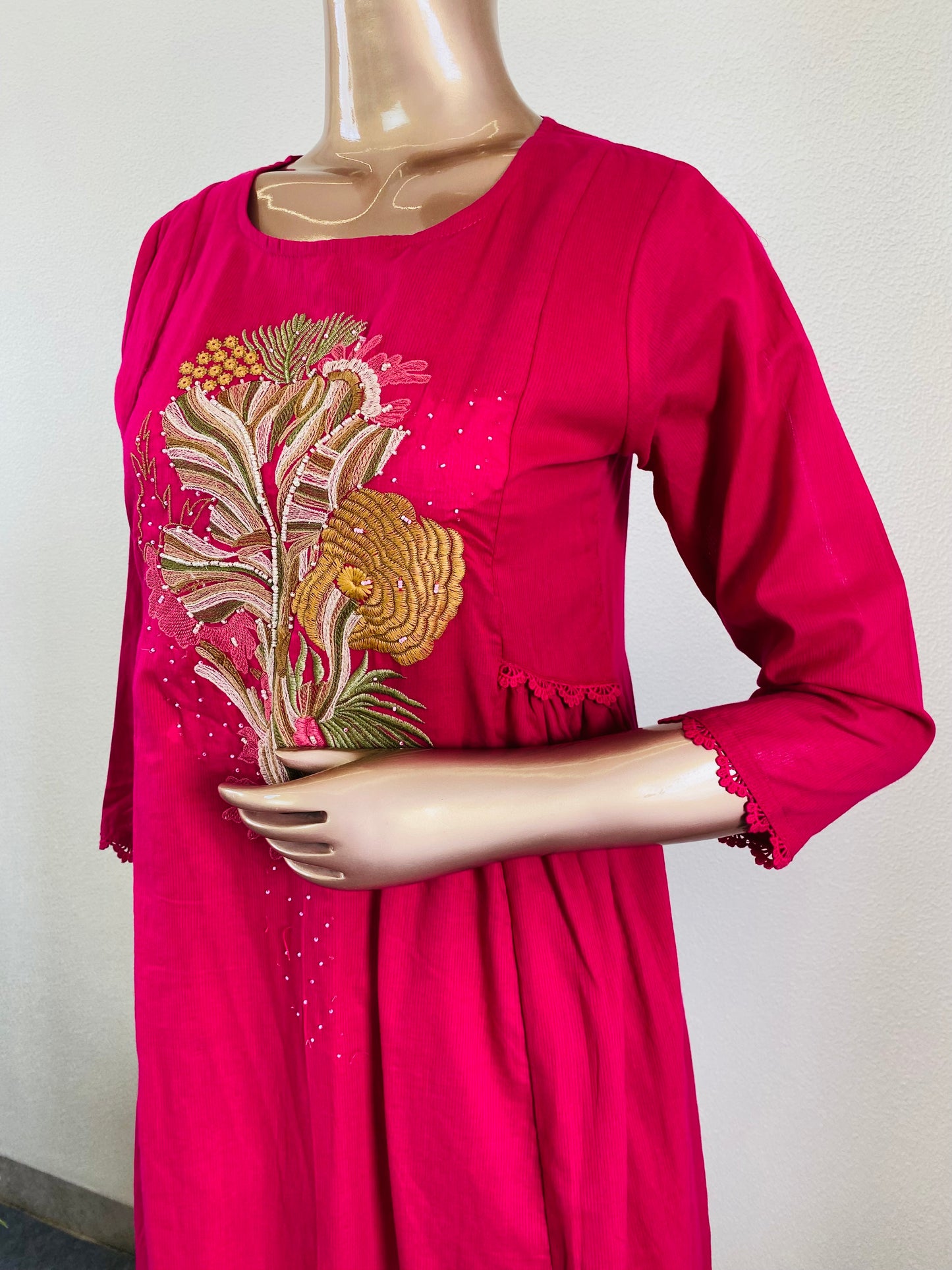 Embroidered Silly Cotton A-line Suit Set - Hot Pink