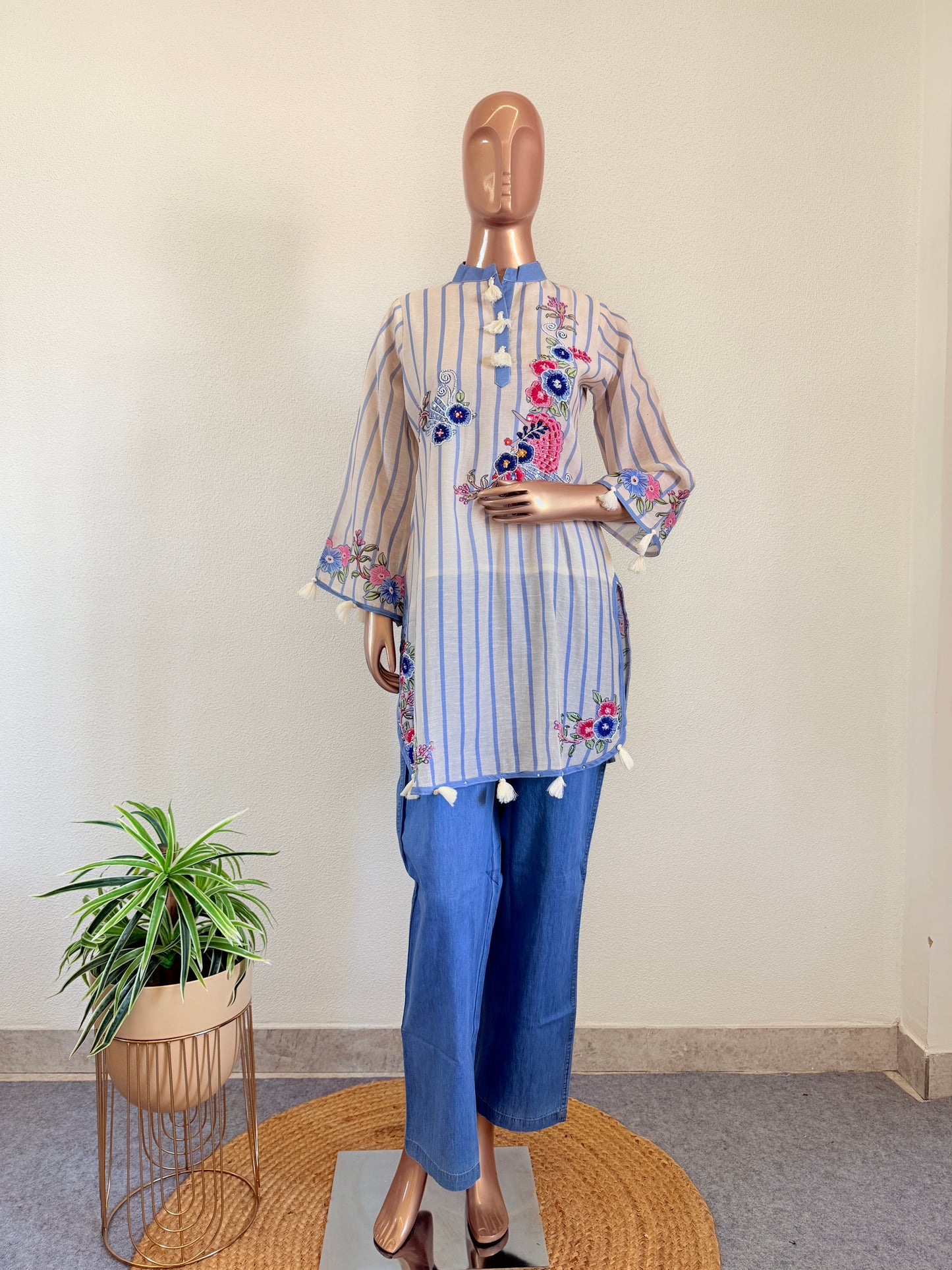 Printed Linen Co Ord Set with Denim Pants