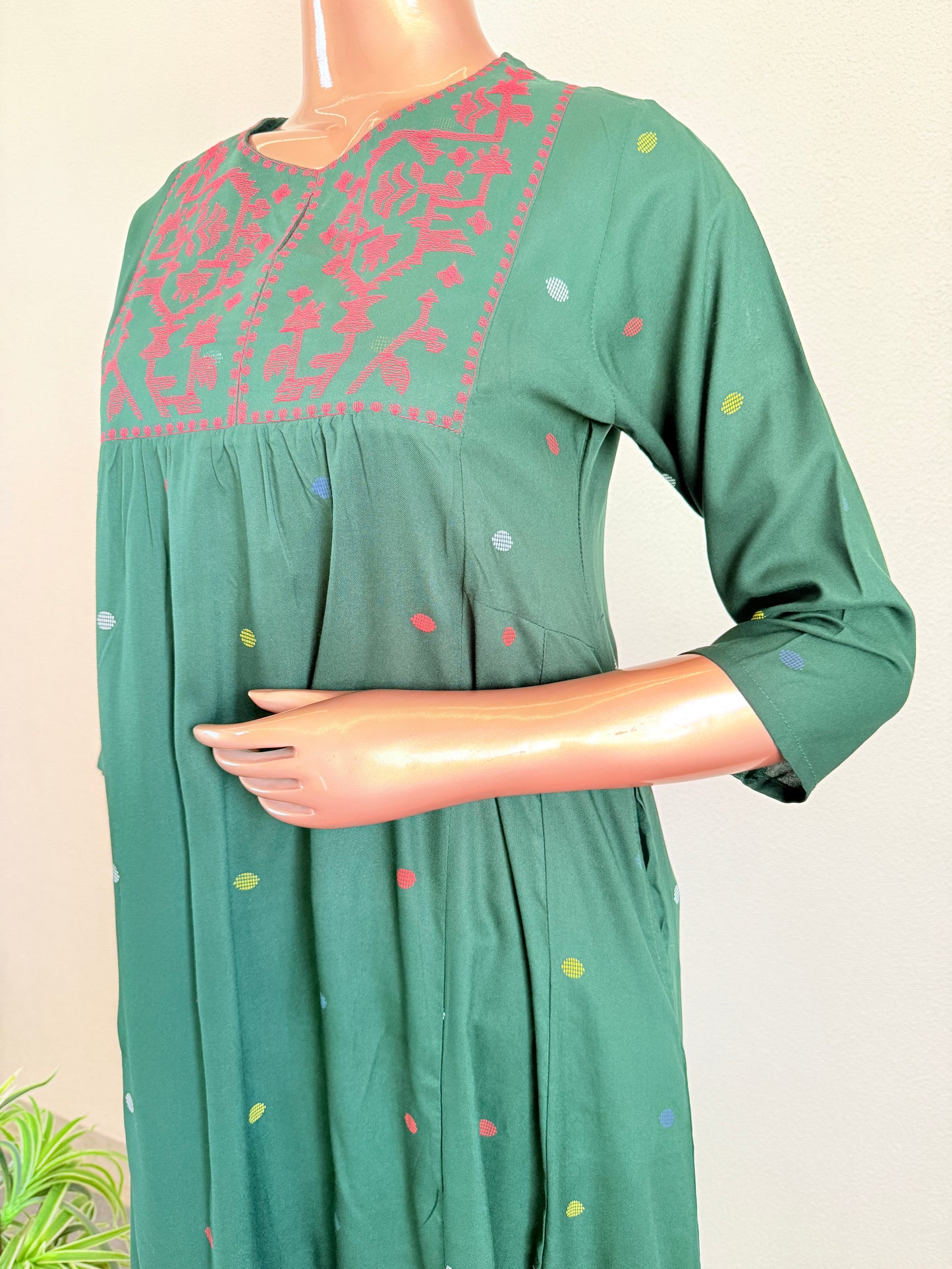 Deep Green Embroidered Round-Neck Kurti with Matching Printed Trousers
