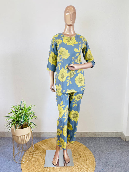 Flower Print Cotton Lounge Wear - Grey
