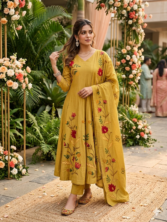 Russian Silk Applique and Hand Painted Anarkali Suit