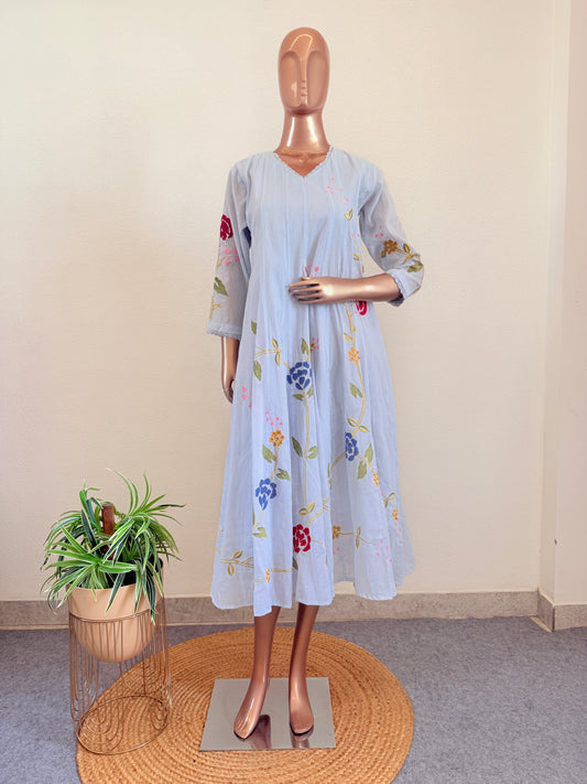 Applique Work Anarkali Mul Cotton Tunic- Blue