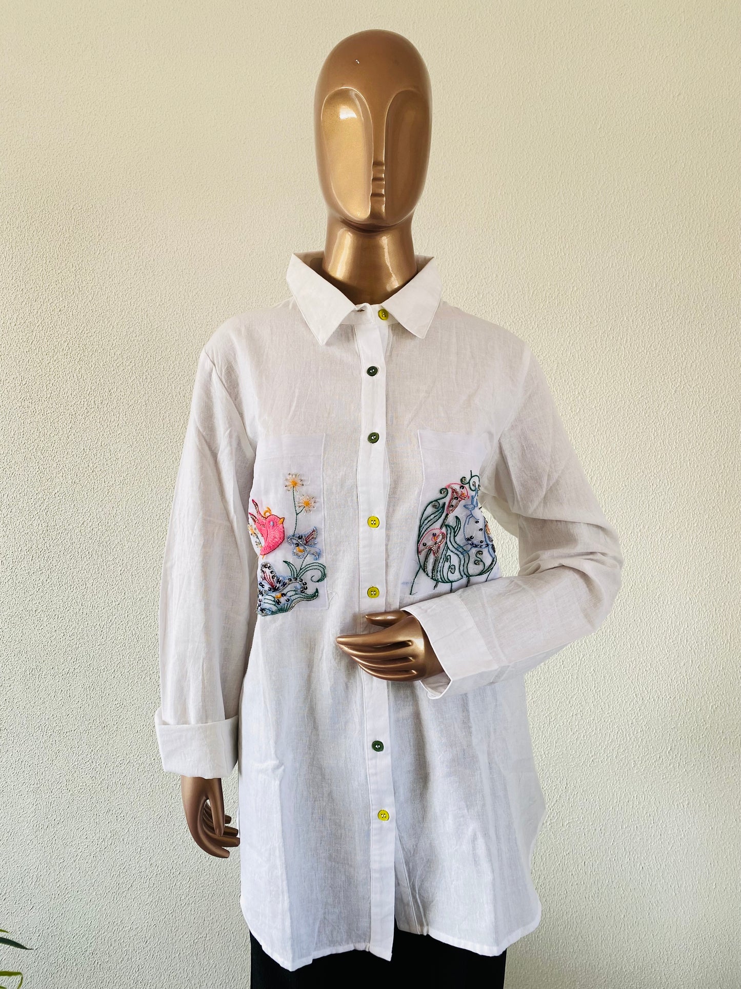 Pure Linen Shirt with Embroidered Organza Pocket