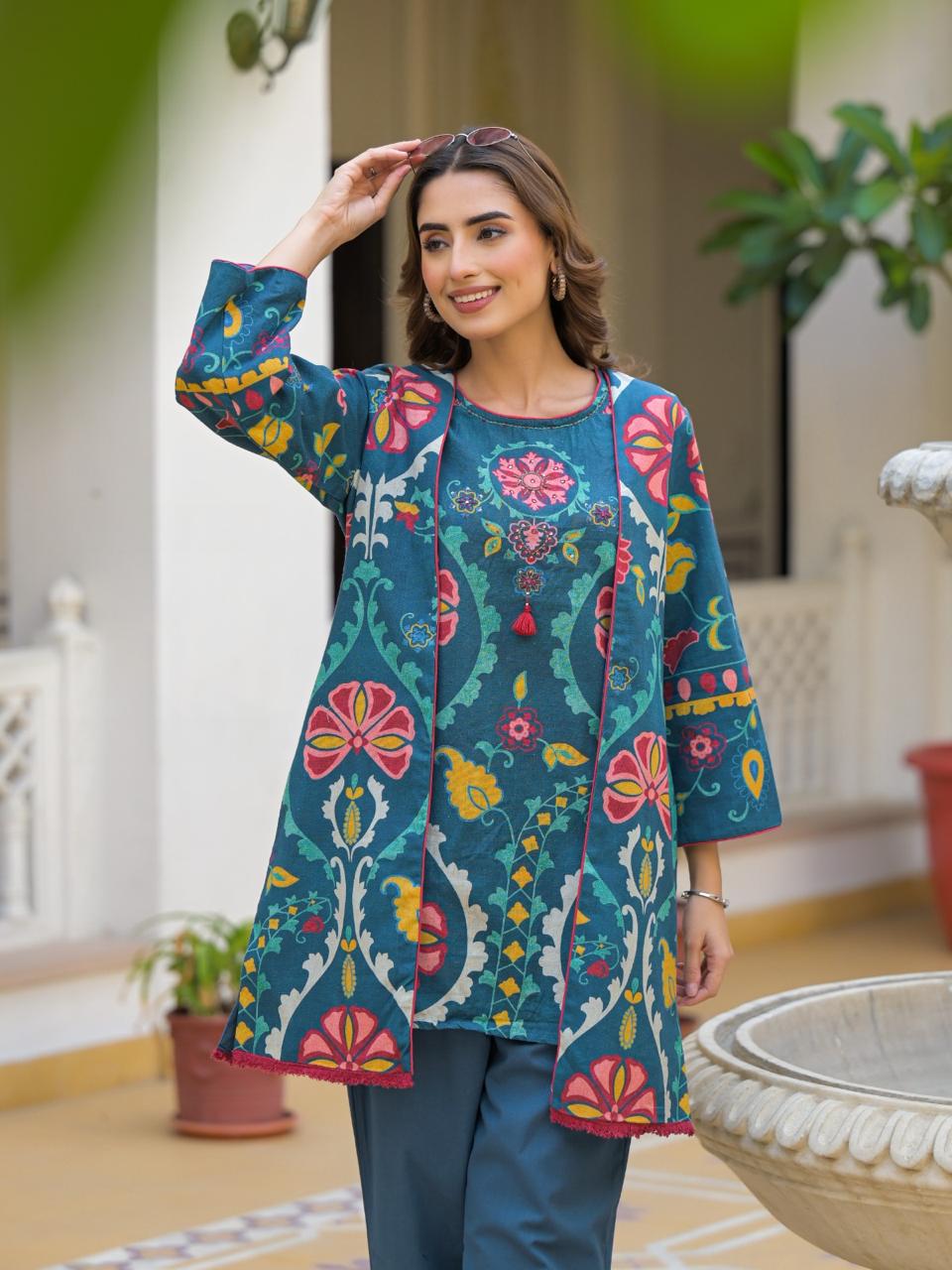 Cotton Flex Jacket 3 Piece Coord Set- Blue