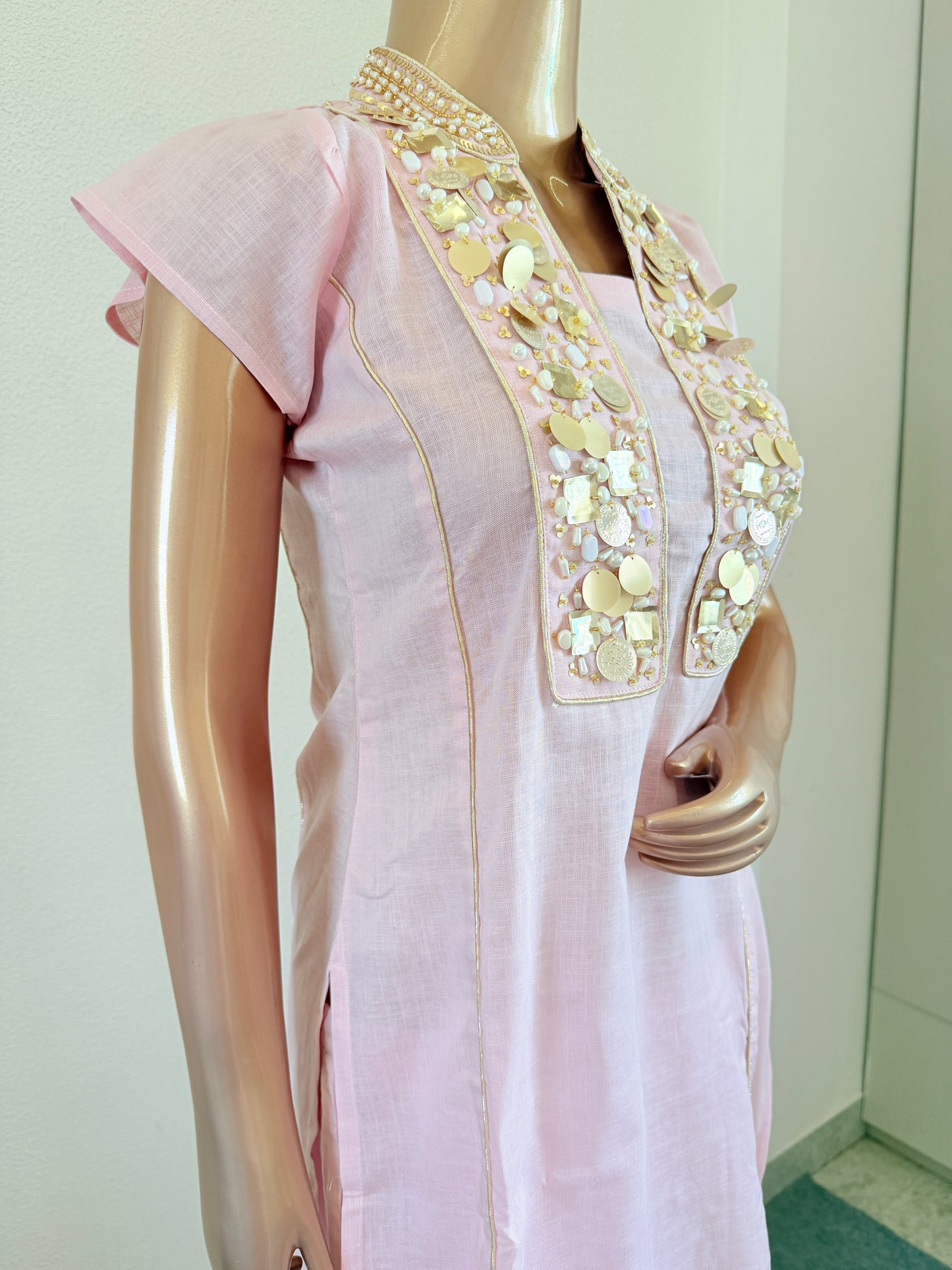 Pastel Pink Cap Sleeve Straight Kurti with Mirror-Embellished Panel and Trousers