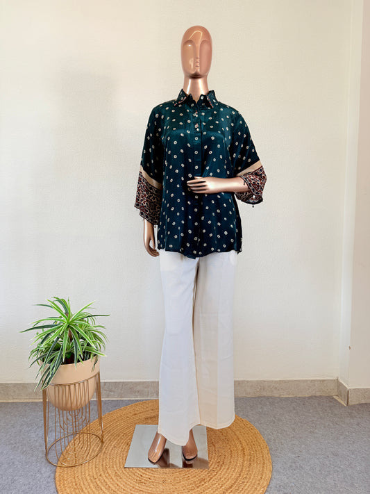 Crepe Bandhani Shirt  - Green