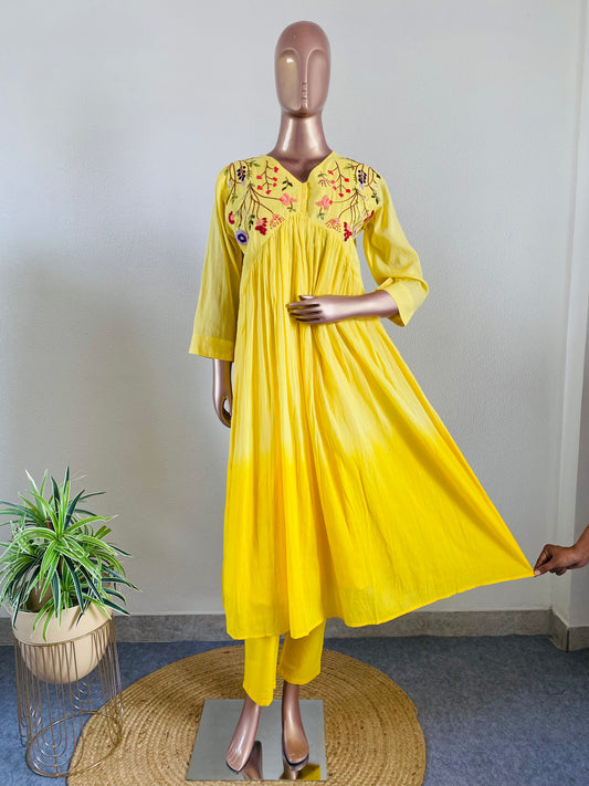 Hand Embroidered Mul Cotton Ombre Kurta Pant Set