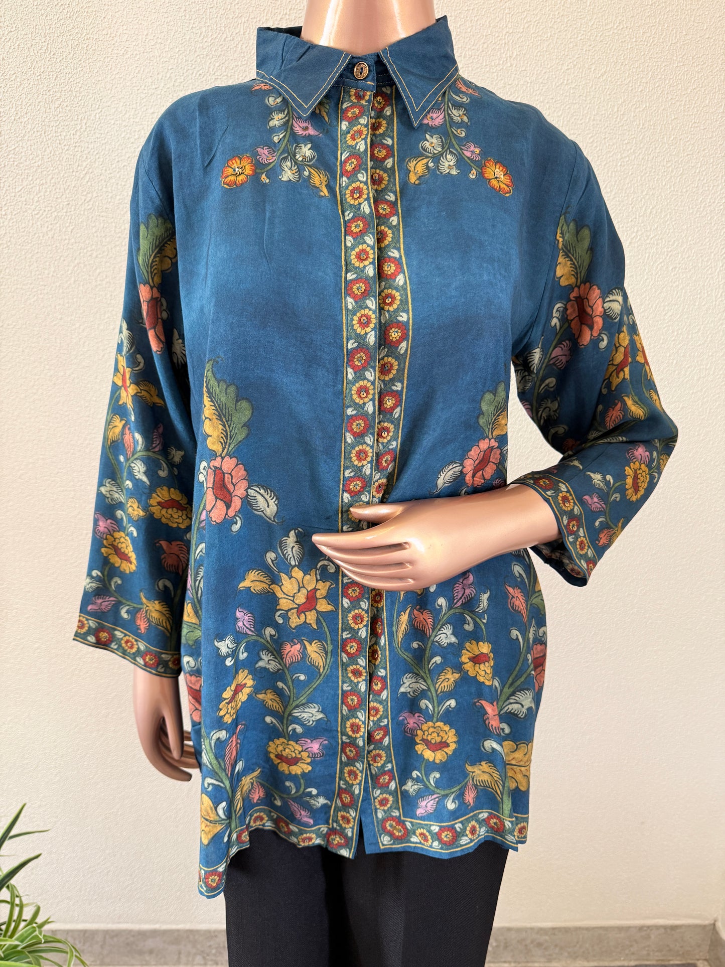 Kalamkari Print Muslin Shirt- Blue