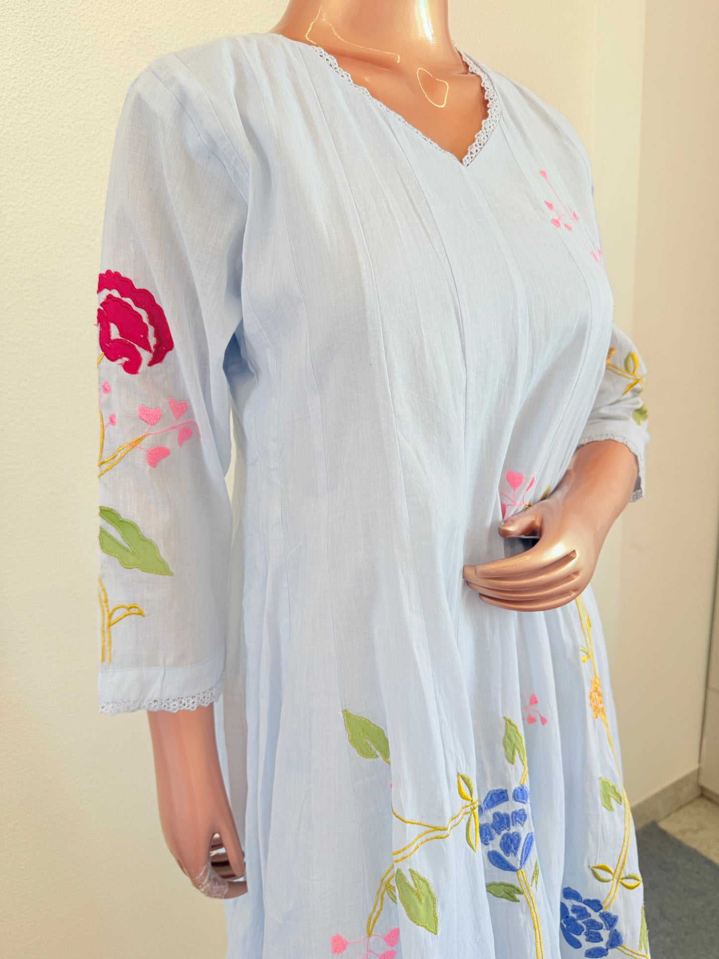 Applique Work Anarkali Mul Cotton Tunic- Blue
