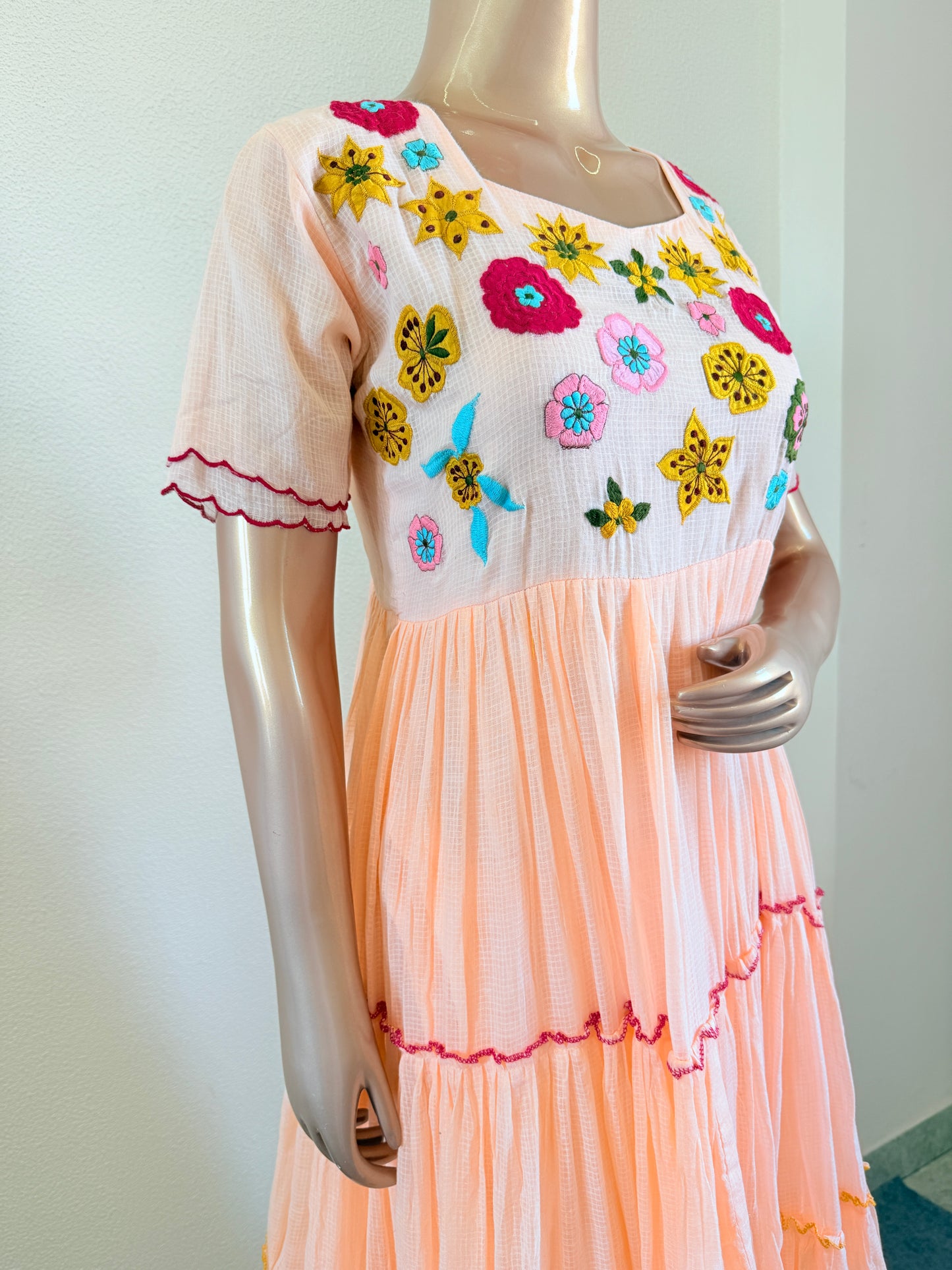 Pure Kota Doria Tiered Pattern Suit with Hand Work on Yoke