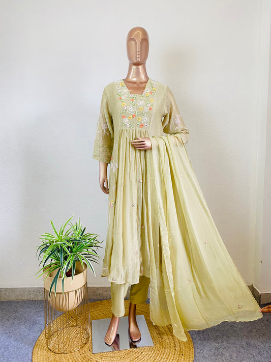 Embroidered Mul Chanderi Frock Suit Set