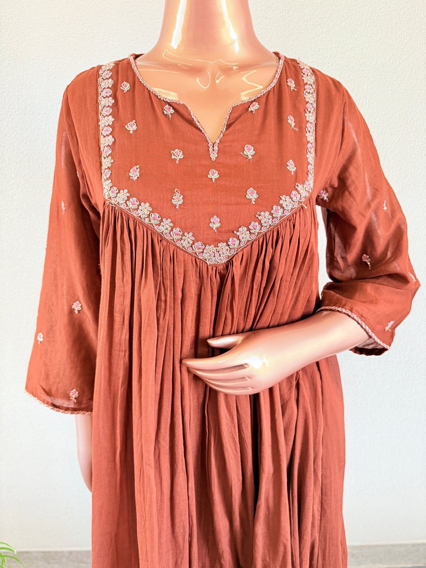 Mul Cotton Frock Suit with Zari Work - Brown