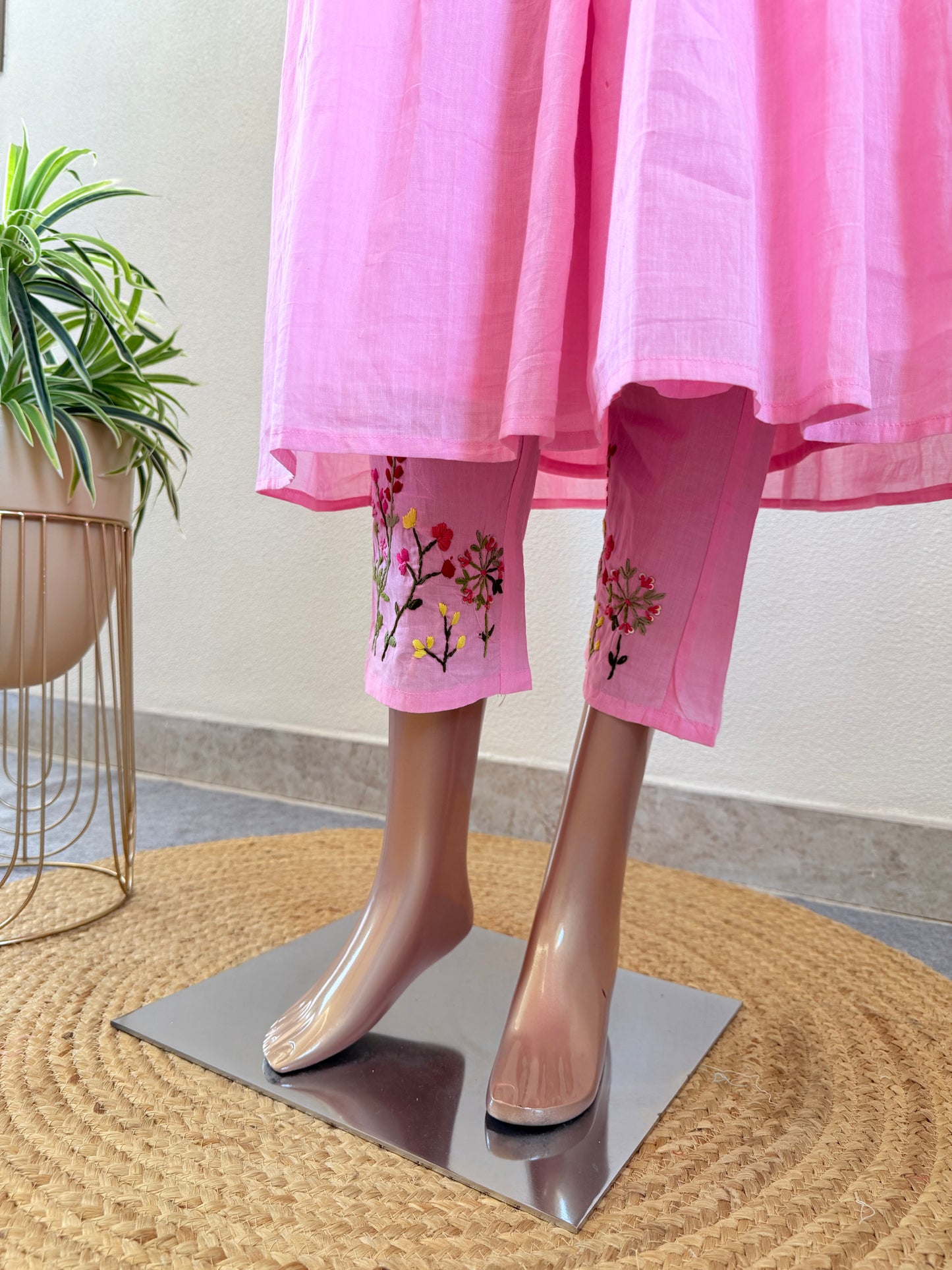 Malai Cotton Frock Suit Set with Hand Embroidery - Pink