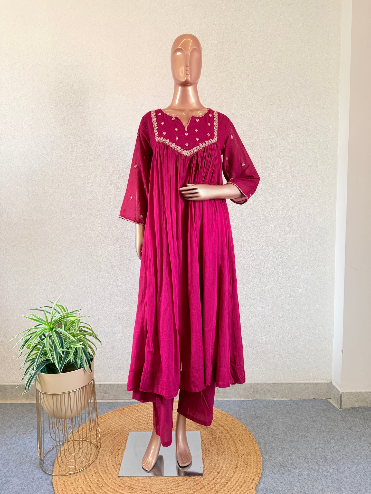Mul Cotton Frock Suit with Zari Work - Pink