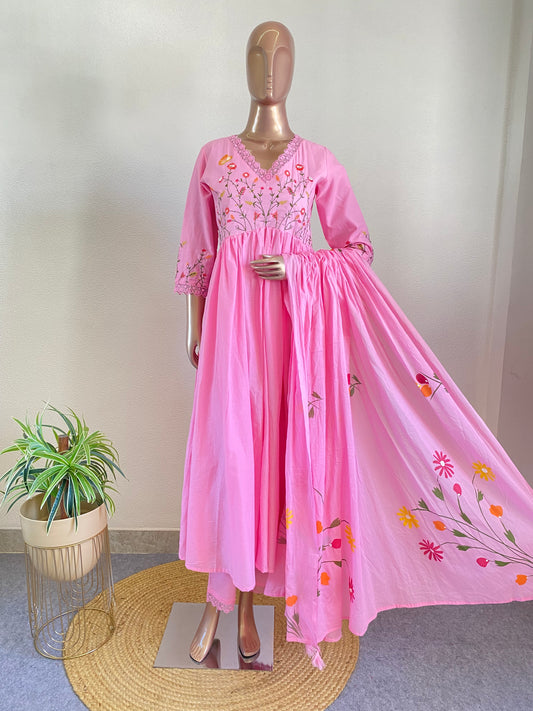 Embroidered frock suit with hand painted dupatta