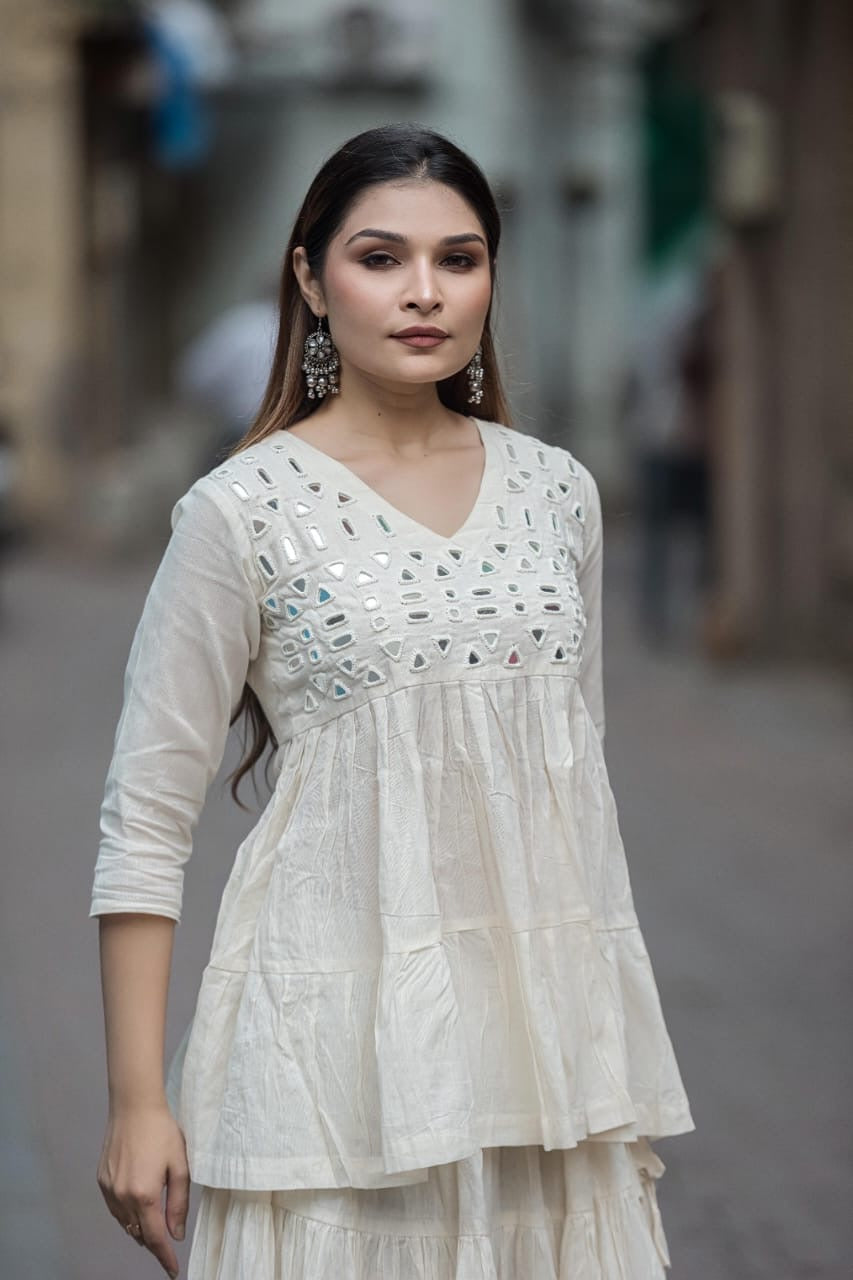Kora Cotton Peplum Top and Flared Skirt with Real Mirror Work
