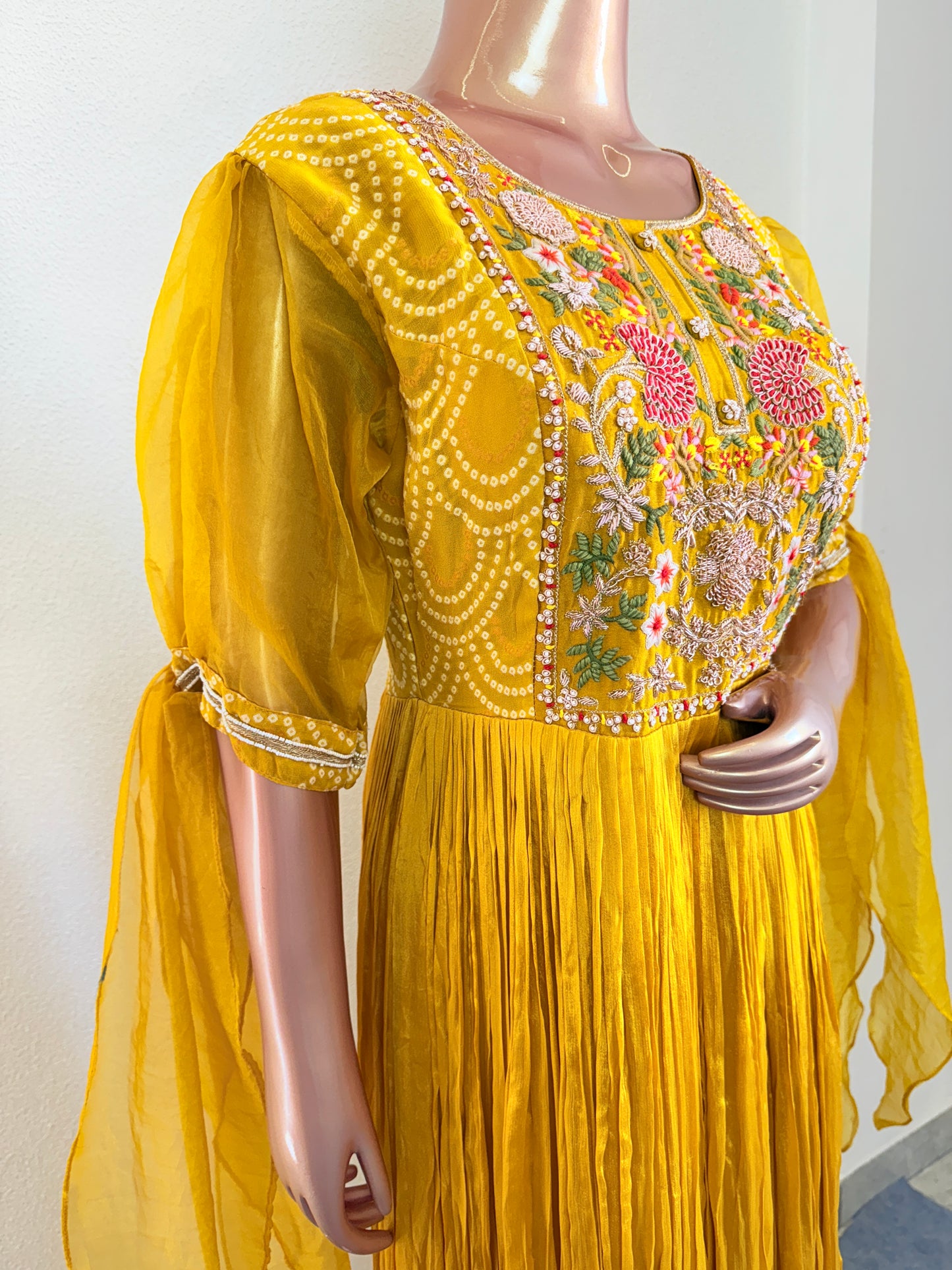 Chinon Gown with Bandhani Print Suit Set & Heavy work on Yoke & Organza Sleeves