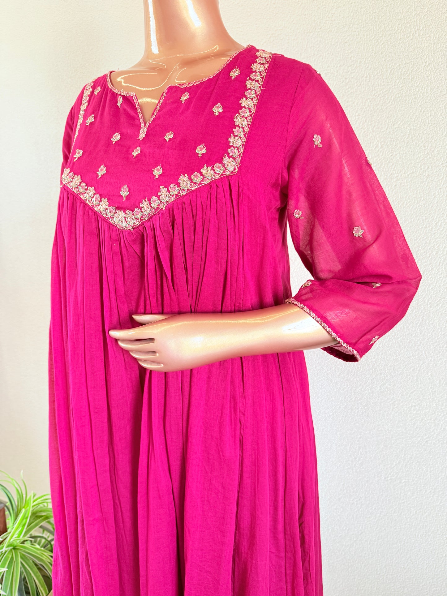 Mul Cotton Frock Suit with Zari Work - Pink