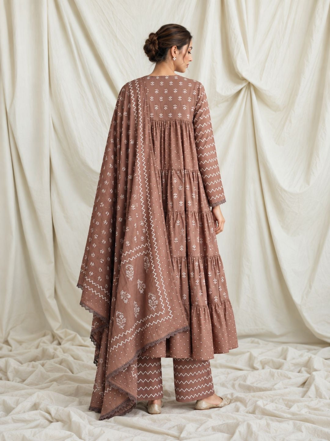 Tiered Block Print Cotton Anarkali Set with Dupatta - Mocha