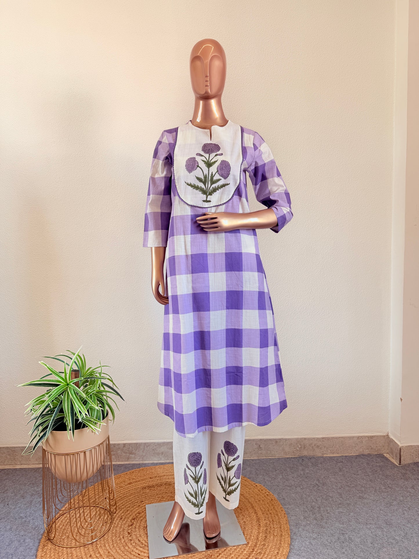 Check Print Cotton Suit Set -Lavender