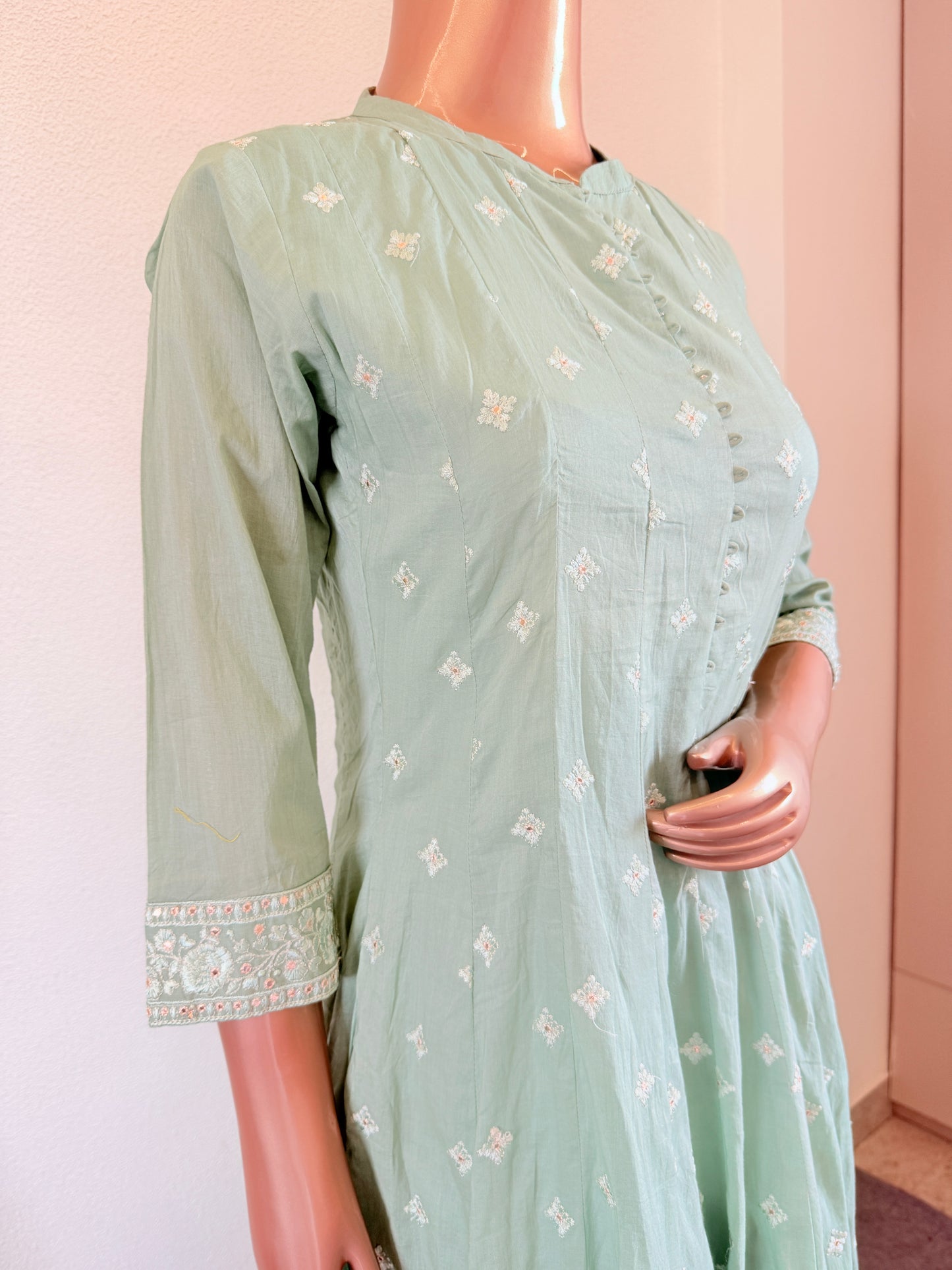 Embroidered Cotton Anarkali Set - Mint