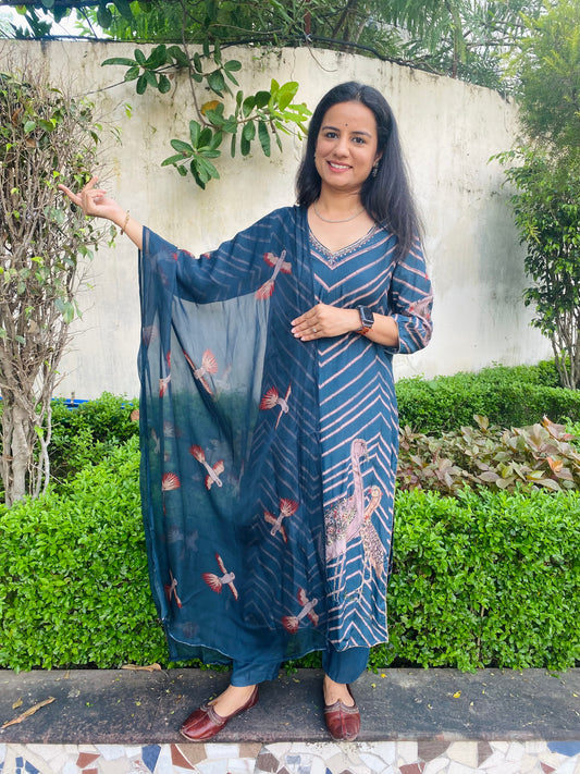 Bird Print Muslin Suit with Organza Dupatta