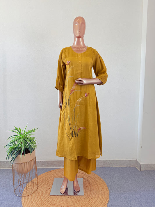 Embroidered Mul Cotton Kurta Palazzo Set -Yellow