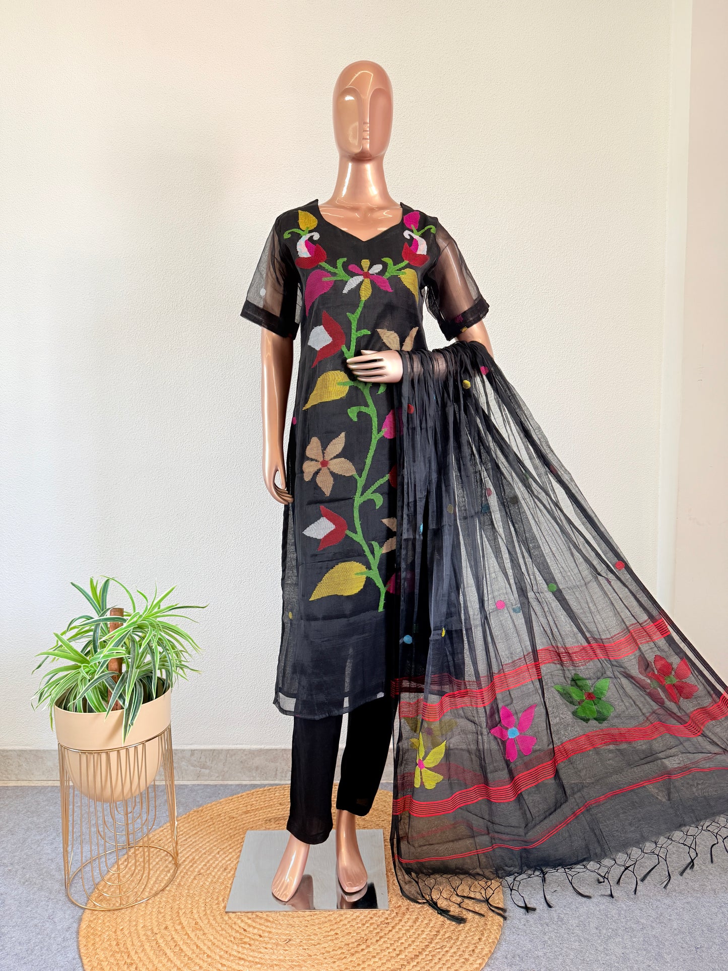 Jamdani Chanderi Suit Set - Black