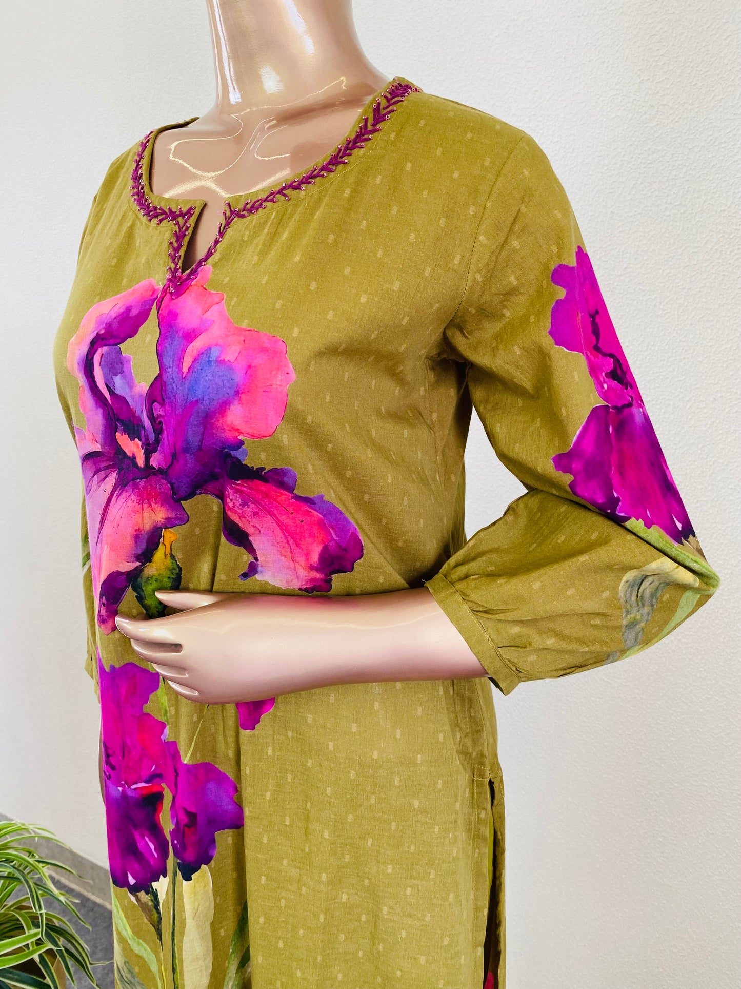 Abstract Floral Placement Print Lawn Cotton Suit Set - Green