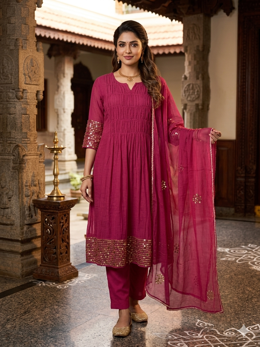 Mul chanderi Suit Set with Sequin Work