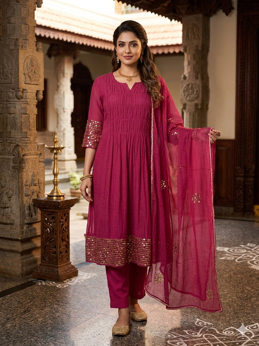 Mul chanderi Suit Set with Sequin Work