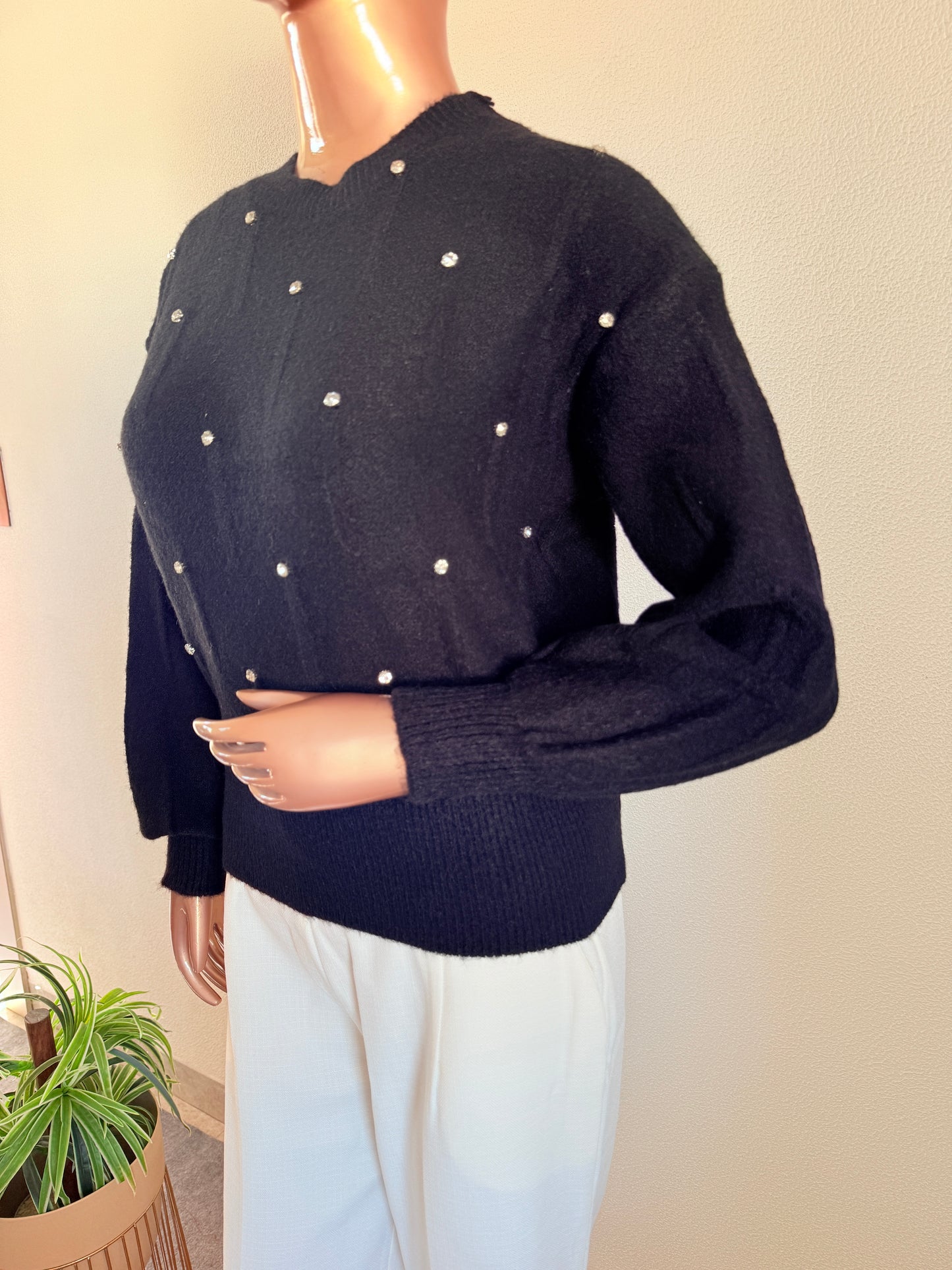 Woollen Top with Diamond Studs - Black
