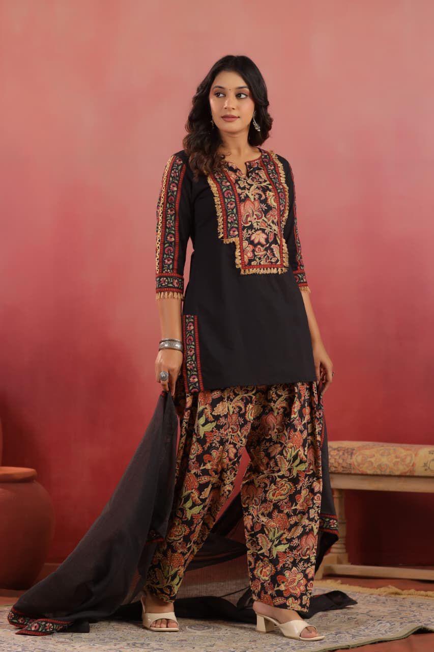 Cotton Short Kurta with Farsi Salwar and Dupatta- Black