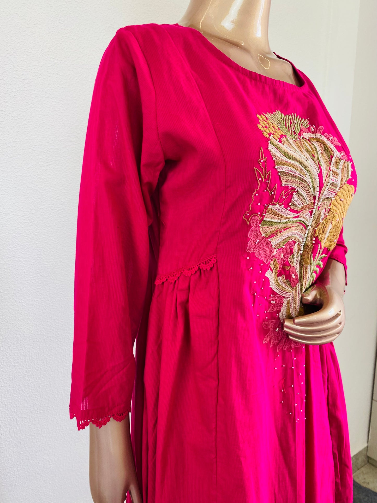 Embroidered Silly Cotton A-line Suit Set - Hot Pink