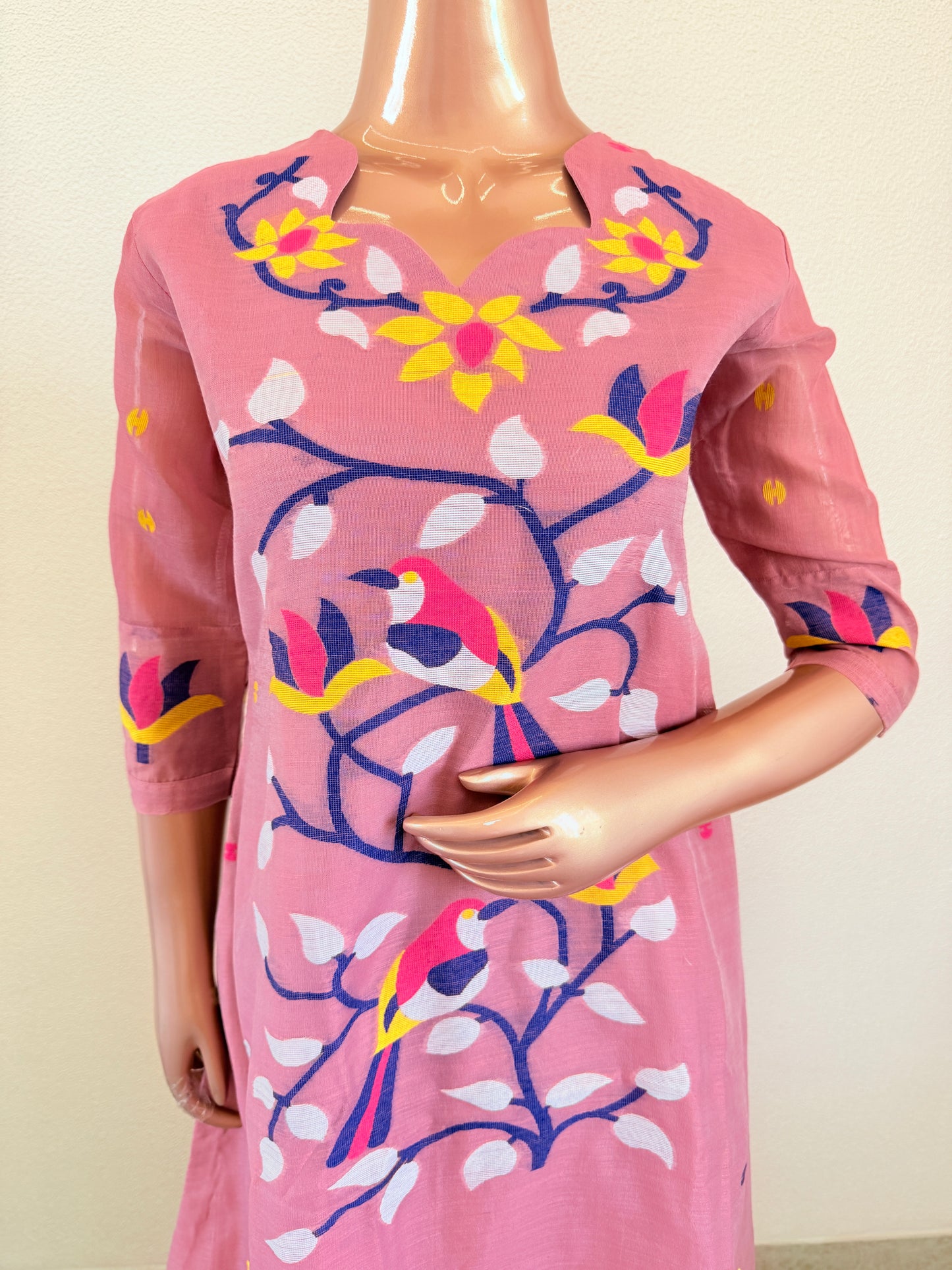 Jamdani A Line Suit Set with Scalloped Neckline- Pink