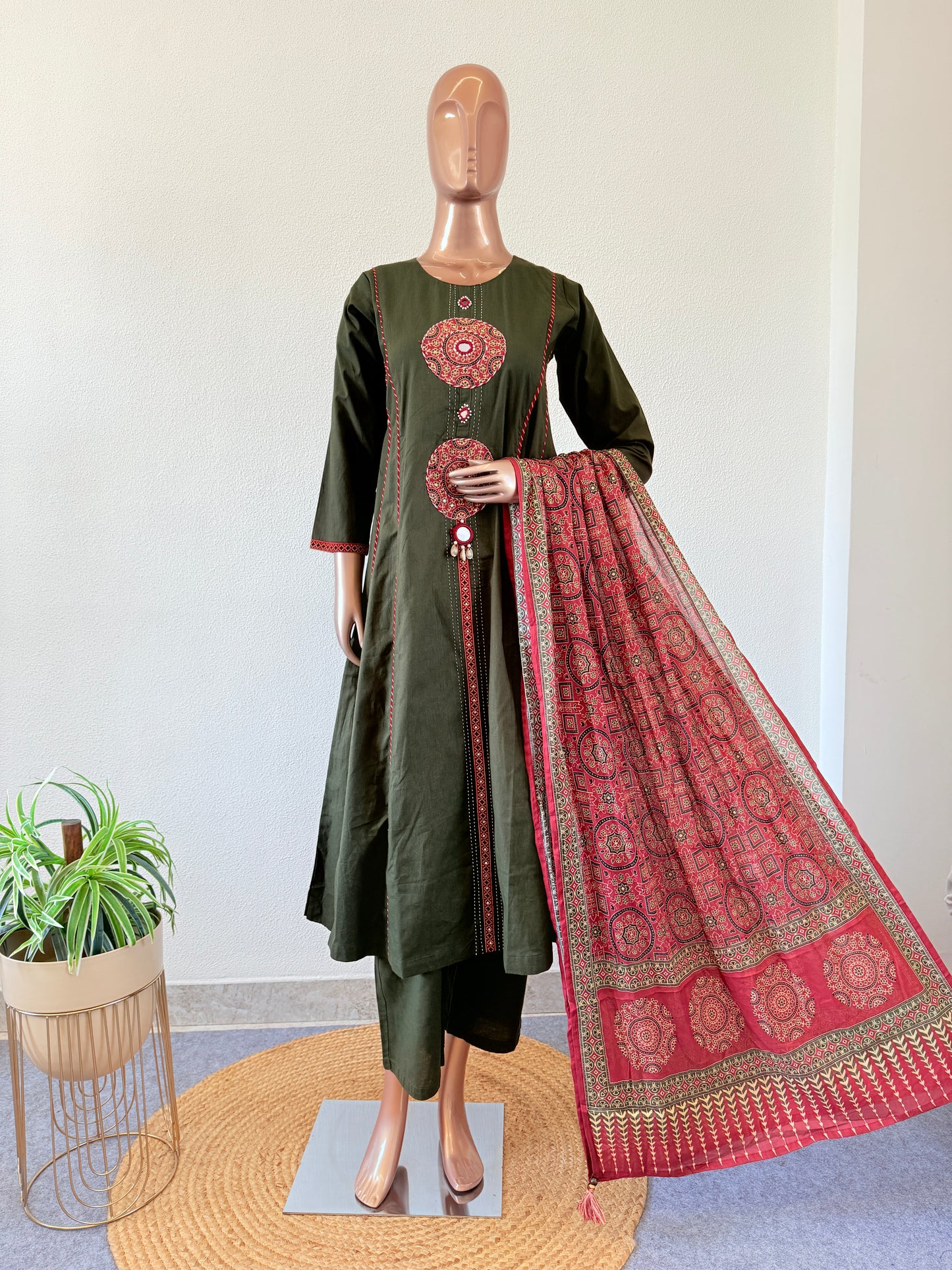 Patch Work A line suit Set with Ajrakh Print Dupatta