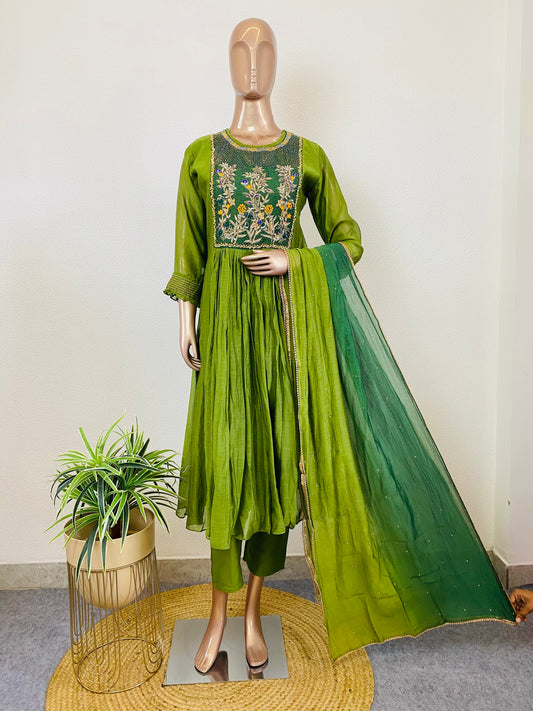 Pure Mul Chanderi Suit with Embroidered Yoke & Shaded Dupatta