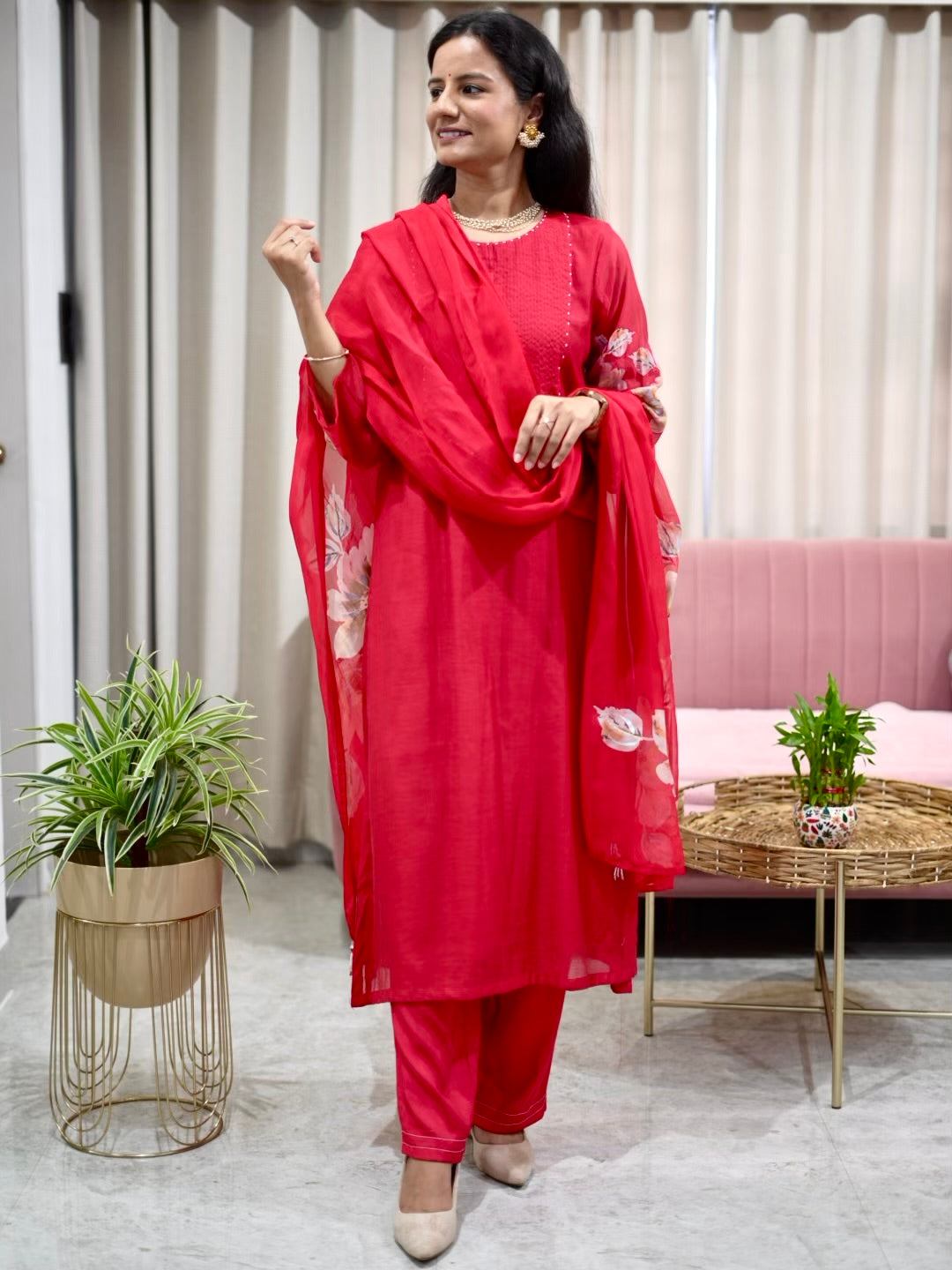Silk Suit Set with Appliqué work on sleeves