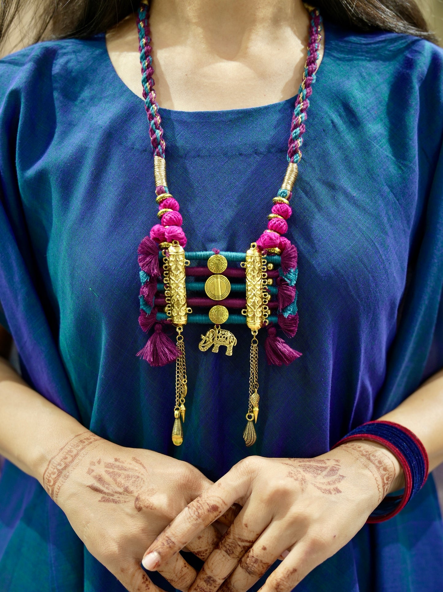 Chanderi Kaftan Indo Western with Neck Piece - Blue