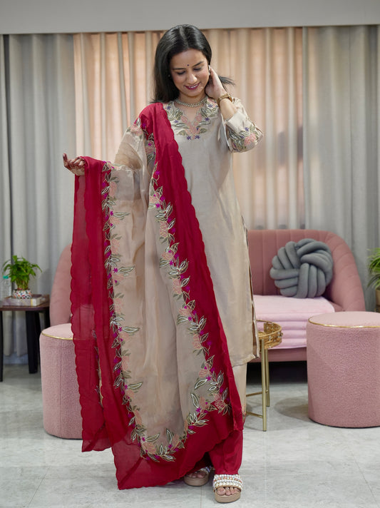 Designer Pure Silk Suit with Applique & Zari Work and Dual Shade Palazzo Pants with Heavy Organza Dupatta