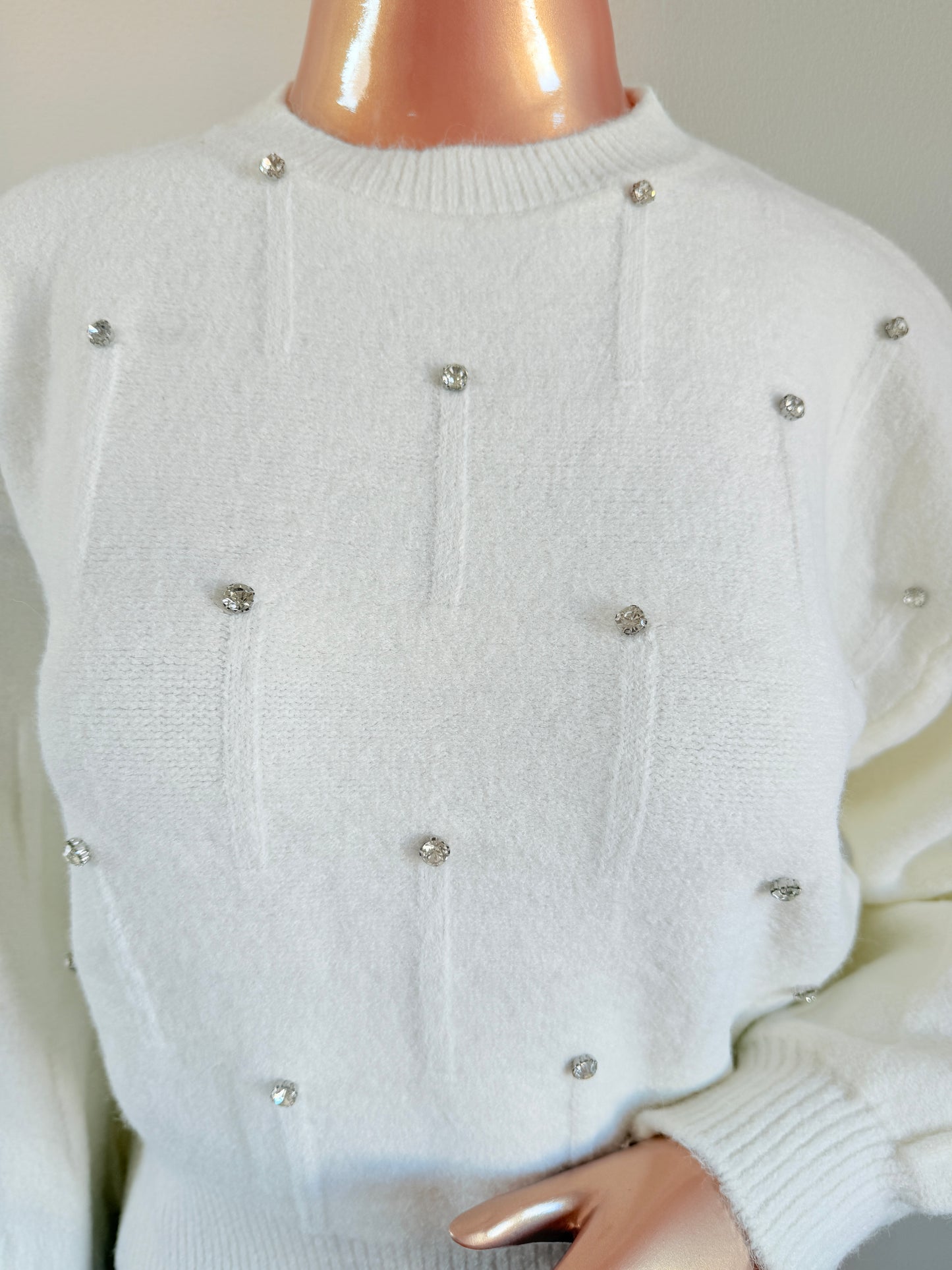 Woollen Top with Diamond Studs - White