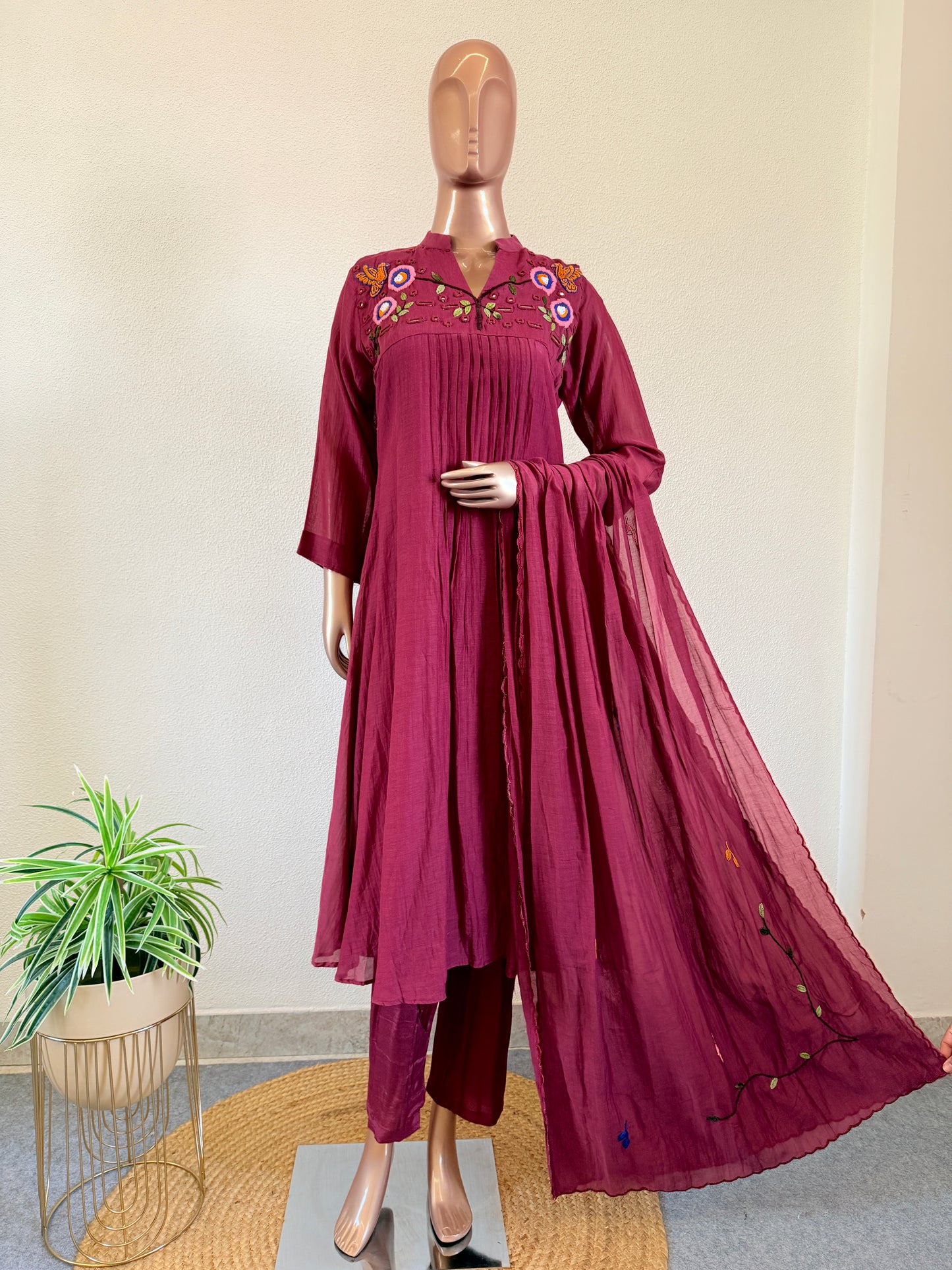 Hand embroidered Mul Chanderi Frock Suit
